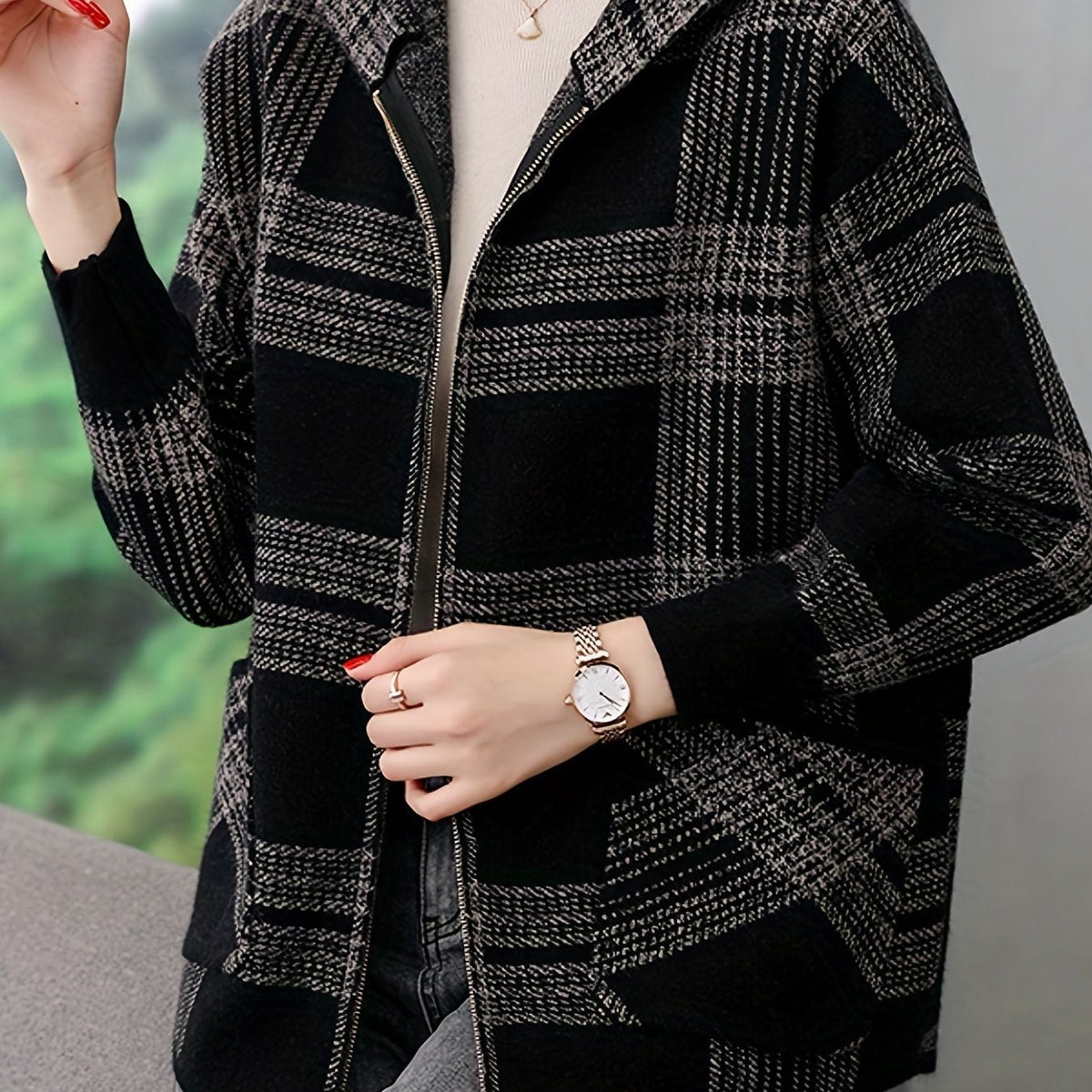 Delaney™ | Checked Hooded Zip-Up Jacket