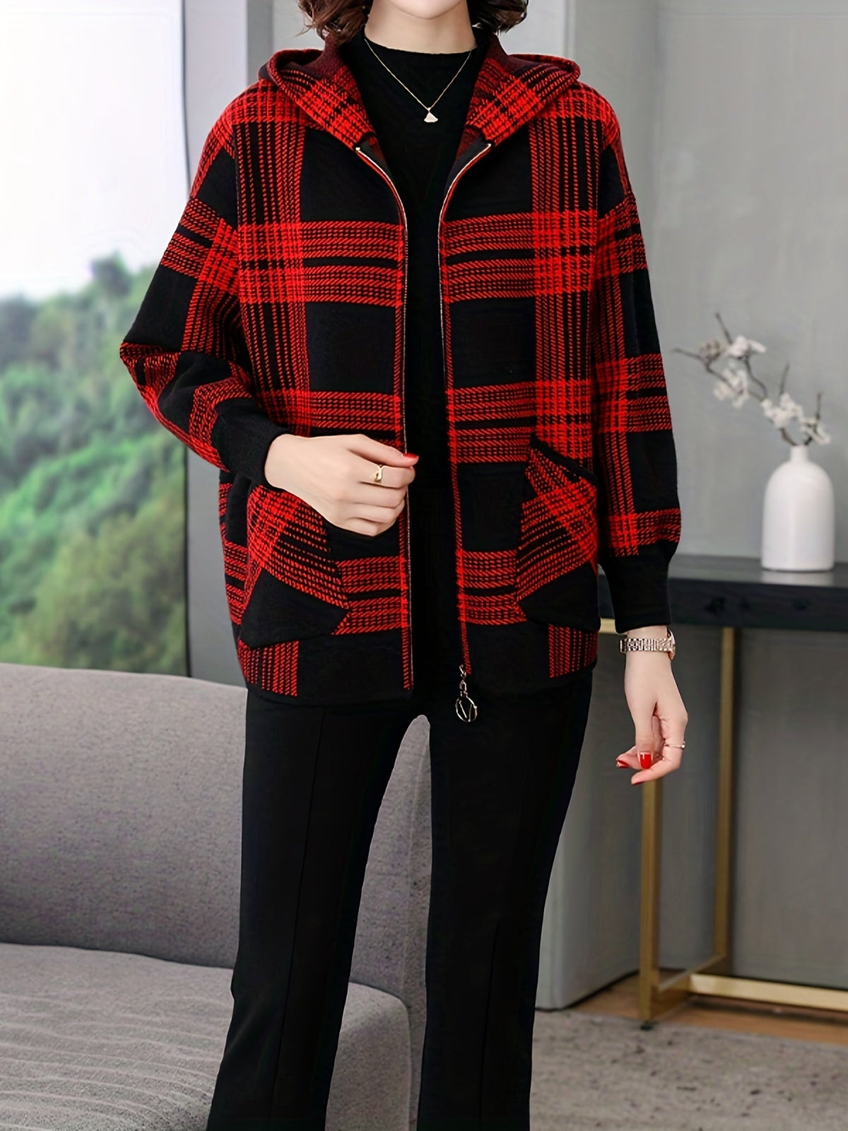 Delaney™ | Checked Hooded Zip-Up Jacket