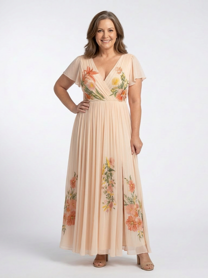 Calista | V Neck Short Sleeve Pleated Floral Maxi Dress
