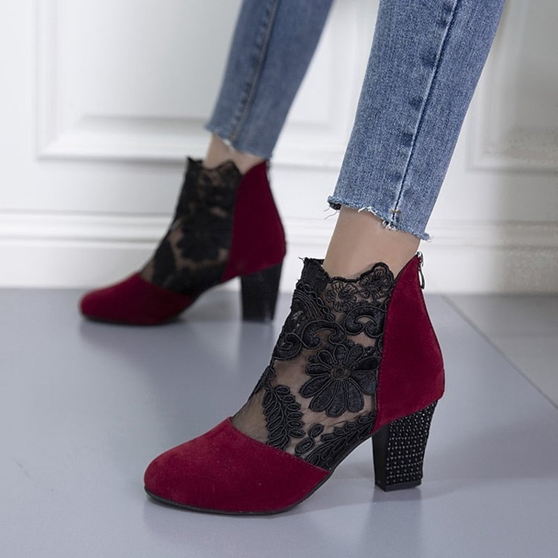 Helena™ | Floral-Lace Block Heel Ankle Boots